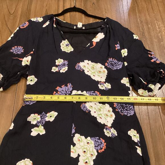 Lewit Navy Blue Floral short Dress Puff Half Sleeves Sheath Split Hem 10 viscose - Picture 5 of 11